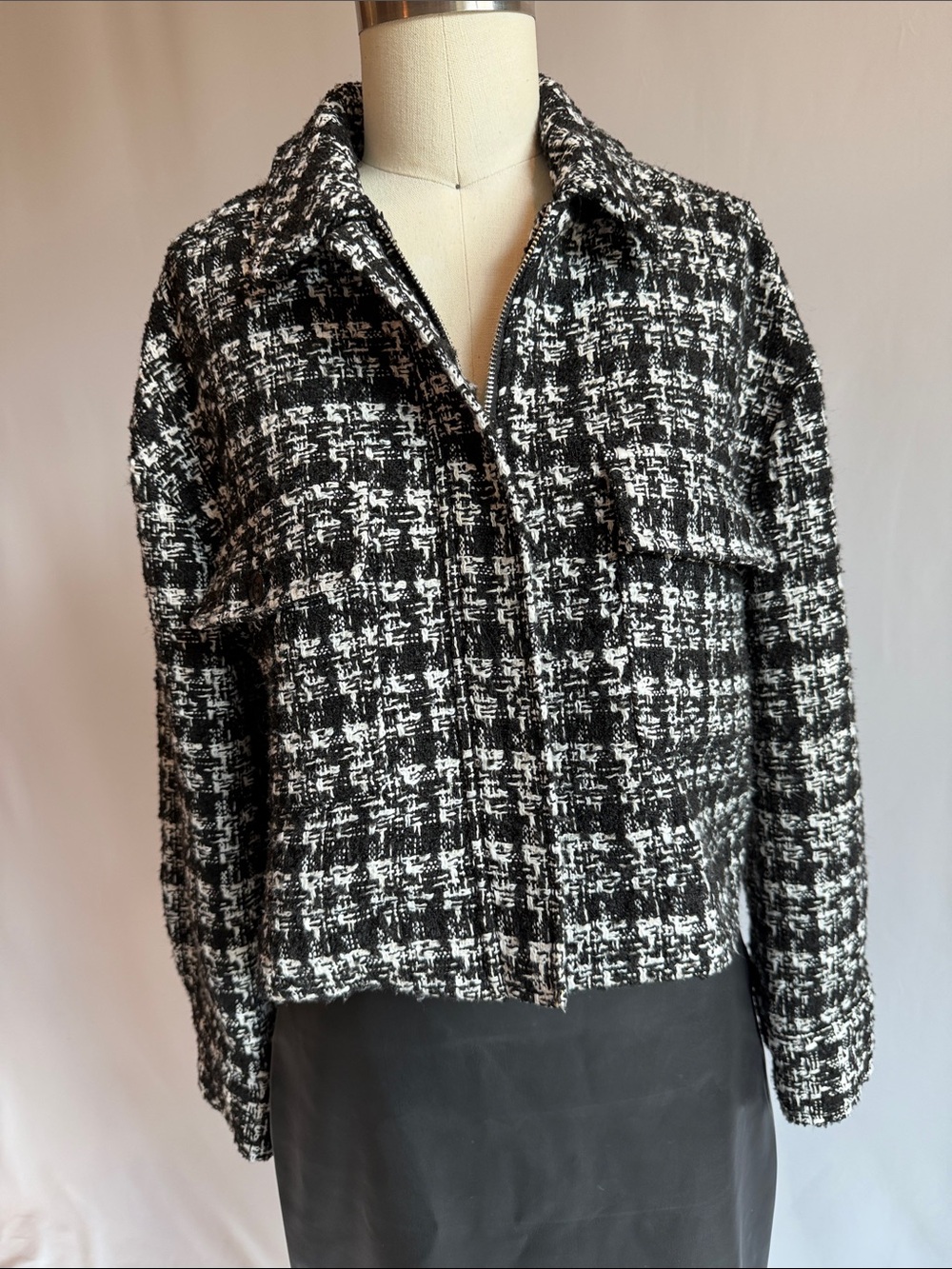 Rachel Zoe Black & White Tweed Zip-Front Jacket